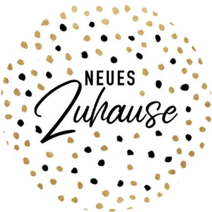 Weißer Aufkleber mit Neues Zuhause und Konfetti