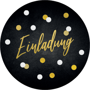Schwarzer Aufkleber mit Konfetti und Einladung in Goldoptik