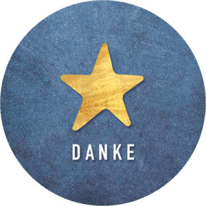 Blauer Aufkleber mit Danke und Stern in Goldoptik
