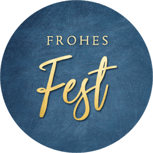 Blauer Aufkleber mit Frohes Fest in Goldoptik