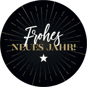 Schwarzer Aufkleber mit 'Frohes neues Jahr' und Stern