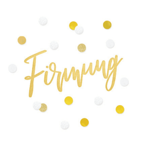 Weißer Aufkleber mit Konfetti und Firmung in Goldoptik