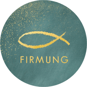 Grüner Aufkleber mit Firmung und Fisch in Goldoptik 