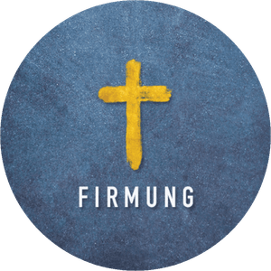 Blauer Aufkleber mit Firmung und Kreuz in Goldoptik