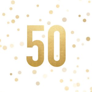 Weißer Aufkleber mit 50 und Konfetti in Goldoptik