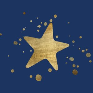 Aufkleber in Dunkelblau mit Stern und Konfetti in Goldoptik