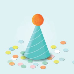 Aufkleber mit Partyhut und buntem Konfetti