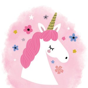 Aufkleber mit Einhorn und Blumen auf rosa Aquarell