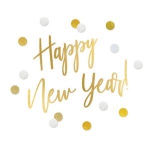 Weißer Aufkleber mit Konfetti und Schrift in Goldoptik 