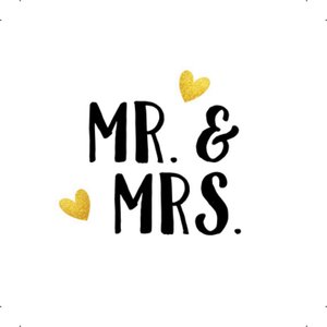 Weißer Aufkleber mit Mr. & Mrs. und kleinen Herzen