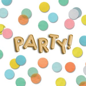 Weißer Aufkleber mit Party und buntem Konfetti