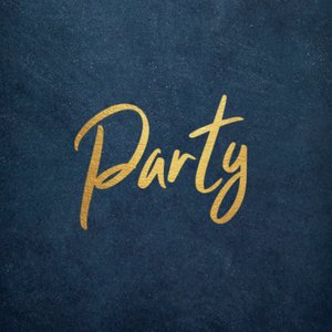 Dunkelblauer Aufkleber mit Party in Goldoptik