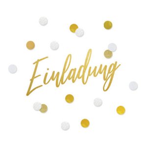 Weißer Aufkleber mit Konfetti und Einladung in Goldoptik