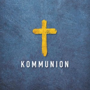 Blauer Aufkleber mit Kommunion und Kreuz in Goldoptik