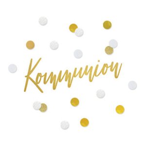 Weißer Aufkleber mit Konfetti und Kommunion in Goldoptik