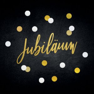 Schwarzer Aufkleber mit Konfetti und Jubiläum in Goldoptik