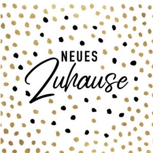 Weißer Aufkleber mit Neues Zuhause und Konfetti