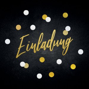 Schwarzer Aufkleber mit Konfetti und Einladung in Goldoptik
