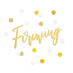 Weißer Aufkleber mit Konfetti und Firmung in Goldoptik