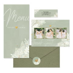 Hochzeitskartenset weiße Zweige auf grünem Aquarell