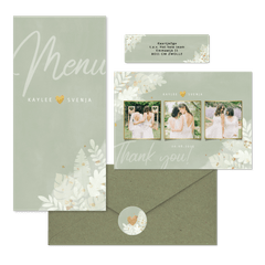 Hochzeitskartenset weiße Zweige auf grünem Aquarell