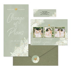 Hochzeitskartenset weiße Zweige auf grünem Aquarell