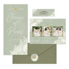 Hochzeitskartenset weiße Zweige auf grünem Aquarell