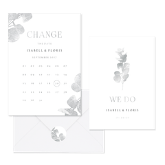 Hochzeitskartenset einfacher Eukalyptuszweig in Silber