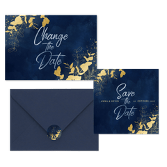 Hochzeitskartenset goldener Eukalyptus auf Dunkelblau