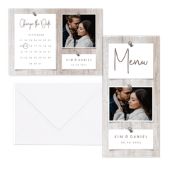 Hochzeitskartenset Fotocollage auf Holzhintergrund