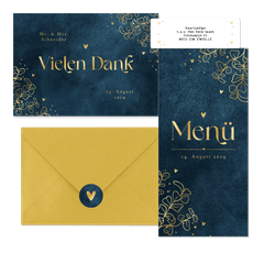 Hochzeitskartenset in Dunkelblau mit goldenen Ranken