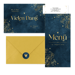 Hochzeitskartenset in Dunkelblau mit goldenen Ranken