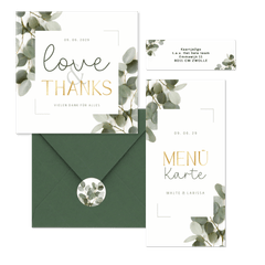 Hochzeitskarten dunkle Eukalyptuszweige & Schreibschrift