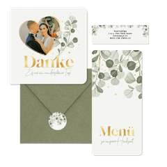 Hochzeitskartenset mit Eukalyptuszweigen & Goldschrift