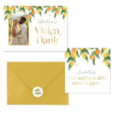 Hochzeitskartenset Zitruszweige mit Zitronen und Orangen