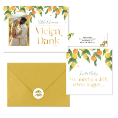 Hochzeitskartenset Zitruszweige mit Zitronen und Orangen