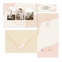 Hochzeitskartenset Bogenfenster auf Rosa mit Kupferelementen