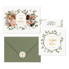 Hochzeitskartenset mit Eukalyptuskranz und Goldschrift