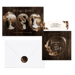 Hochzeitskartenset Trockenblumenkranz auf Holz