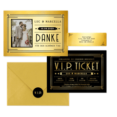 Hochzeitskartenset Artdeco Ticket in Gold & Schwarz