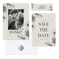 Hochzeitskartenset  Vintage Blumen als Kohlezeichnung