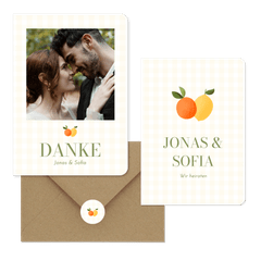 Hochzeitskartenset Mandarine und Zitrone auf gelben Karos