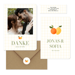 Hochzeitskartenset Mandarine und Zitrone auf gelben Karos