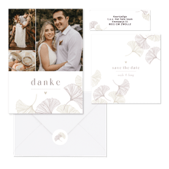 Schlichtes Hochzeitskartenset mit feinen Ginkgoblättern