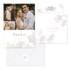 Schlichtes Hochzeitskartenset mit feinen Ginkgoblättern