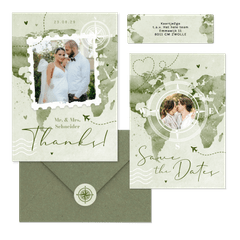 Hochzeitskartenset Aqaurell Weltkarte und Flugzeug in Grün