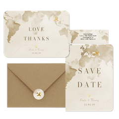 Hochzeitskartenset Aquarell Weltkare in Beige mit goldenem Flugzeug