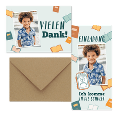 Einschulung - Dankeskarte Schulranzen und Büchern
