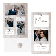 Hochzeitskartenset Fotocollage auf Holzhintergrund