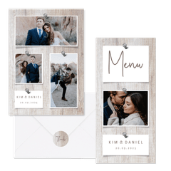 Hochzeitskartenset Fotocollage auf Holzhintergrund